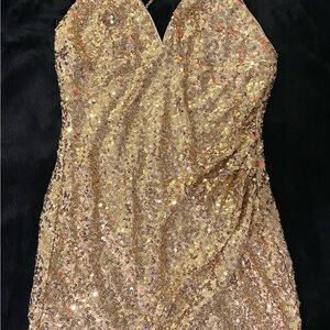 Crystal Doll Beige and Gold Sequin Dress